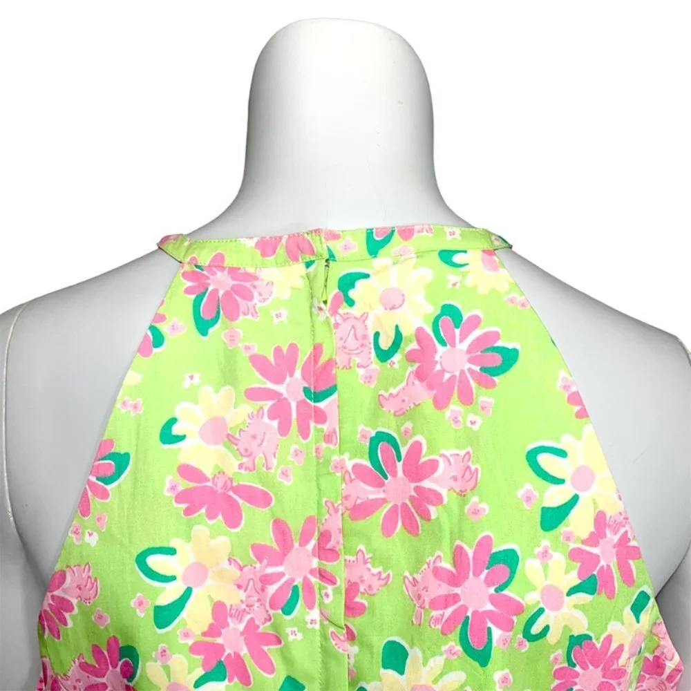 LILLY PULITZER VINTAGE 90's Rhino + Floral Print Halter Dress With Crochet Trim - Picture 5 of 8